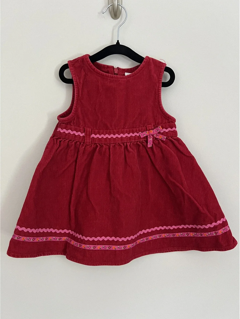 Vintage Y2K 2006 Gymboree Red Corduroy Pink Floral Detail Ribbon Dress